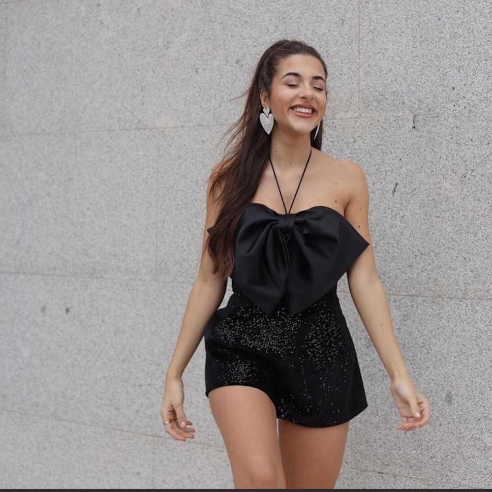Black bow trim sequin short jumpsuit, romper. - Picture 7 of 13